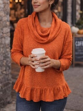 Anthropologie Maeve Addie Ruffled Hacci Pullover Sweater Orange Cowl Neck